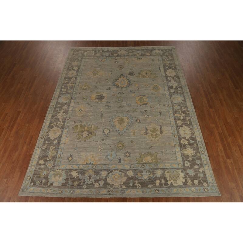 Vegetable Dye Oushak Turkish Area Rug Hand-Knotted Grey Wool Carpet - 8'10" x 11'10"