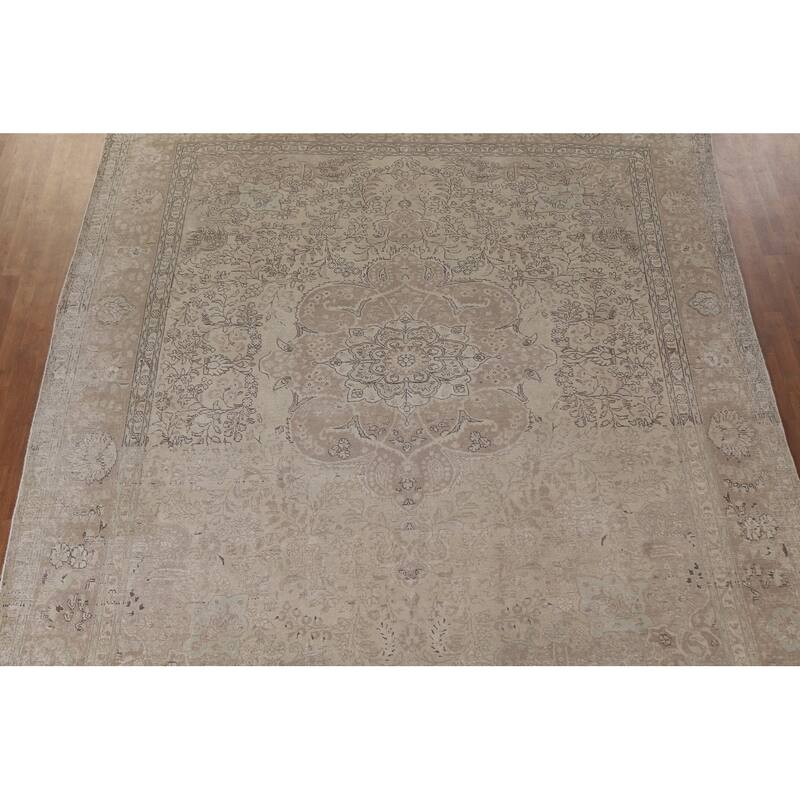 Hand Knotted Oriental 100% Wool Carpet Traditional Floral Beige & Ivories Tabriz Area Rug - 12' 7'' X 10' 2''