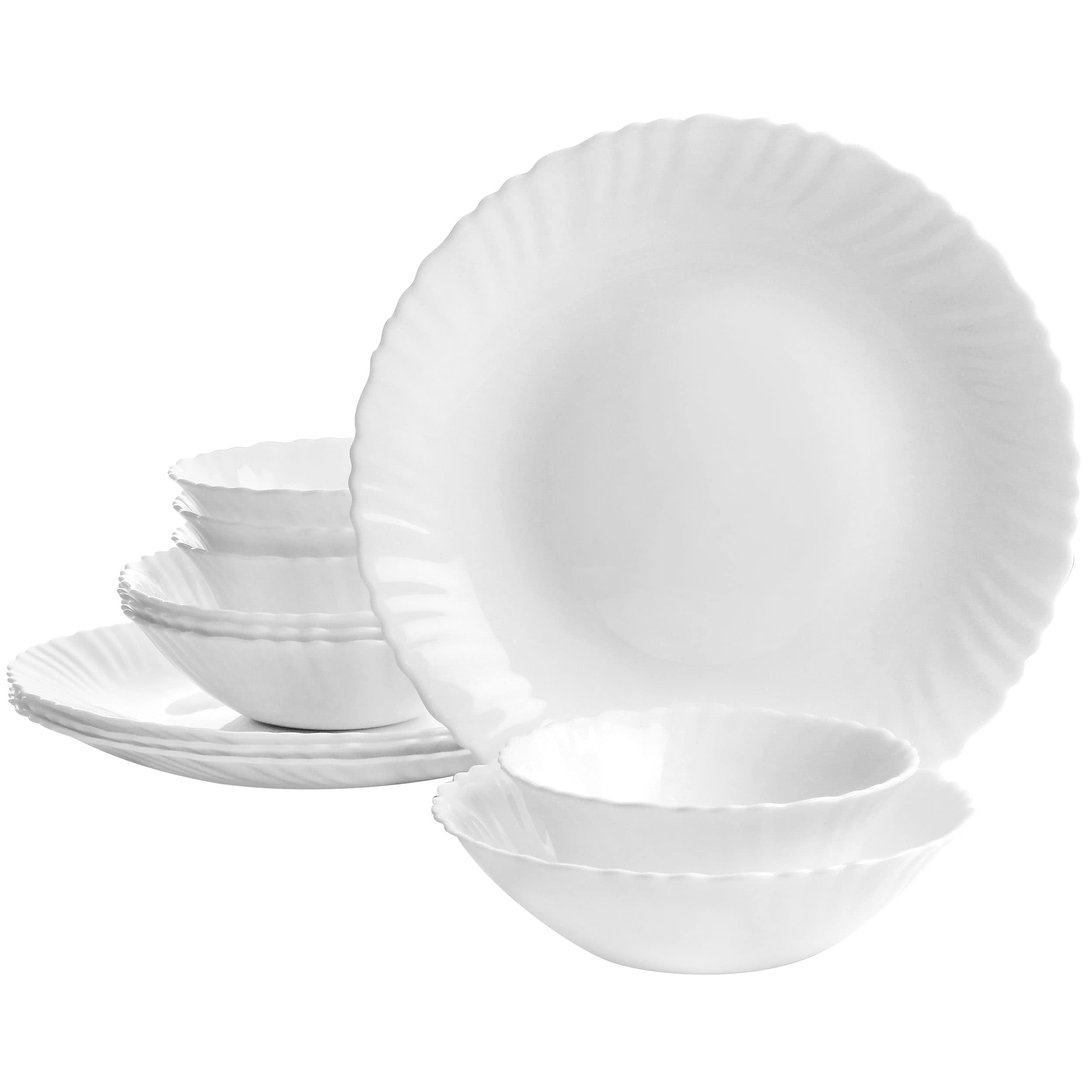 12 pcs set Dinner Salad Plate Bowl White Silver Pearl Luster Starburst Glass New 