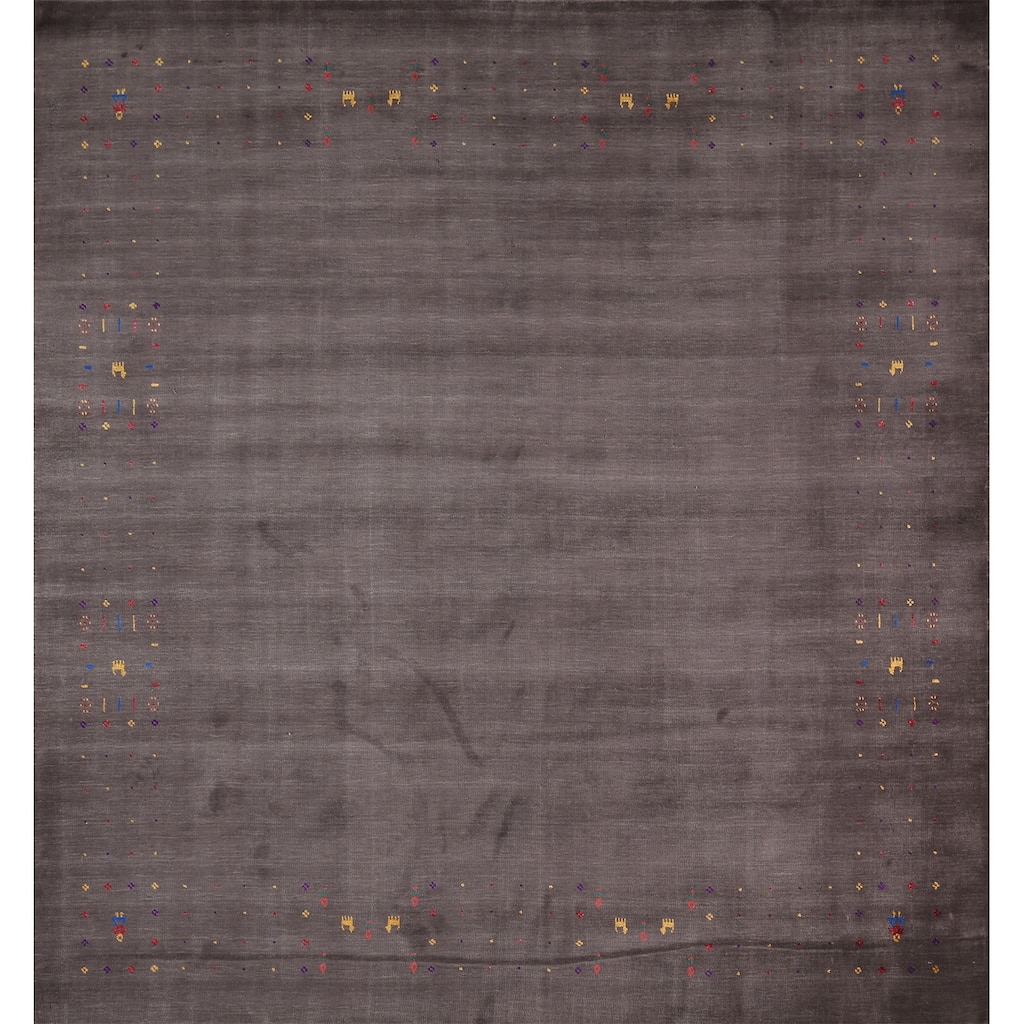 Earth Tone Gabbeh Indo Square Area Rug Hand-Knotted Wool Carpet - 8'2" X 7'10"