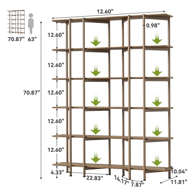 71-Inch Tall Bookshelf, 55'' Wide 6-Tier Bookcase with Metal Frame