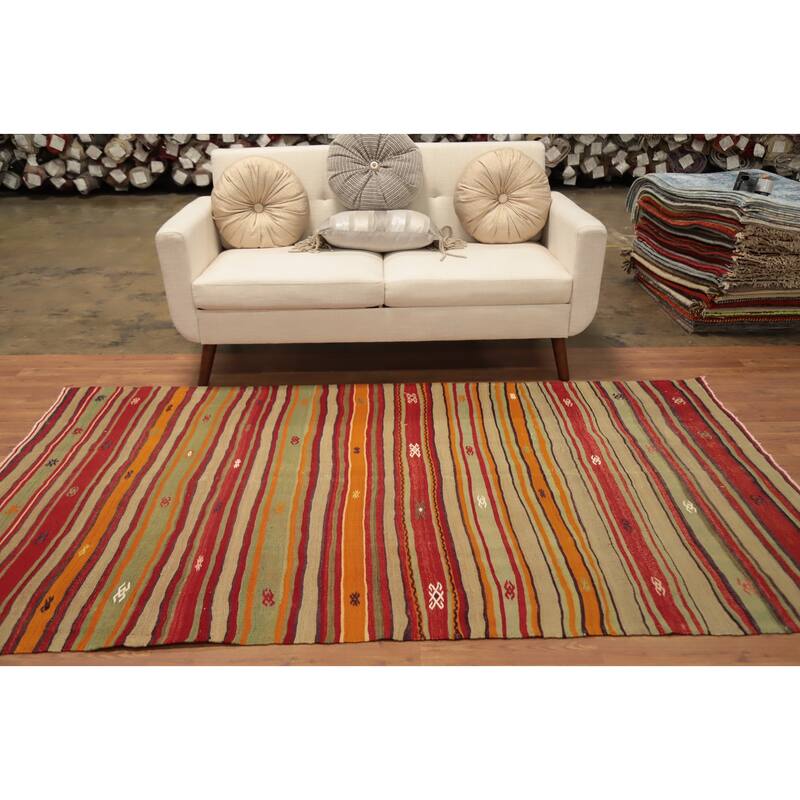 Hand Woven Oriental 100% Wool Carpet Southwestern Tribal Multi-Colored Kilim Area Rug - 8' 2'' X 4' 9''