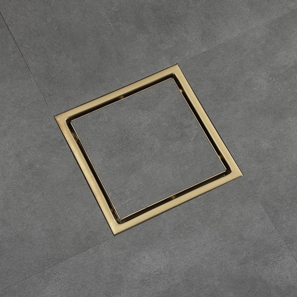 slide 2 of 4, brushed gold 6 inch stainless material shower drain with ABS base - 6 x 6