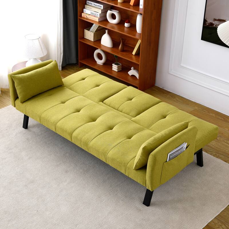 Cotton Linen Fabric Loveseat Sofa Sleeper Sofa Bed for Small Space with Center Table, Cup Holders, Pillows and Side Pockets