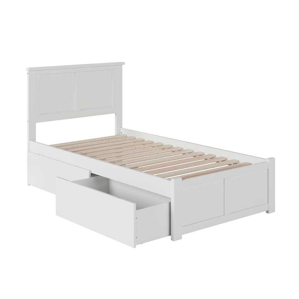 Madison Twin Solid Wood Platform Bed with Footboard & 2 Storage Drawers in White