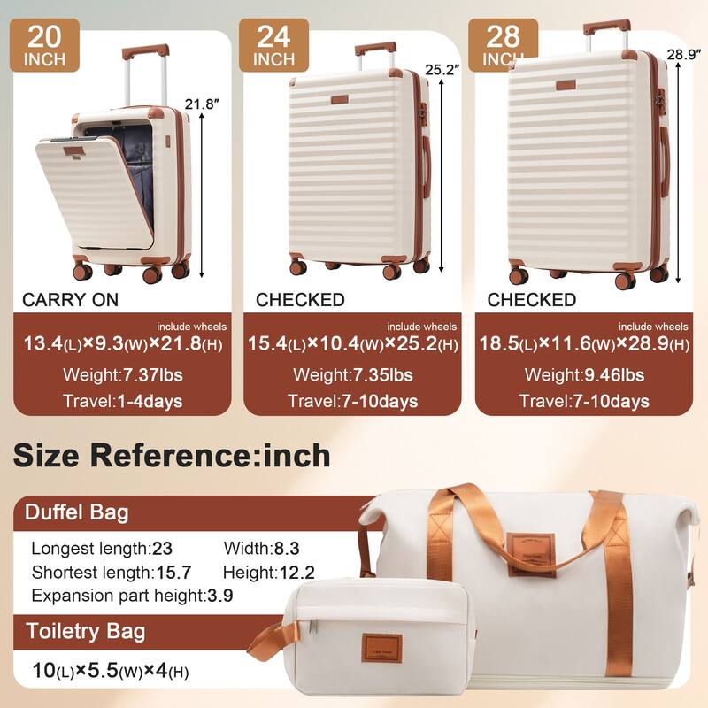 Luggage Sets 5 Piece with Front Opening , Hardside Expandable Carry on Suitcase - Brown+White