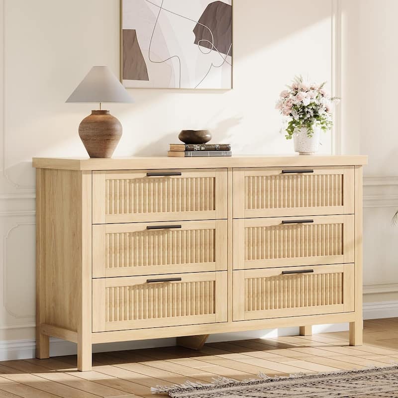 Modern Fluted Dresser with 6 Storage Drawers, Organizer Cabinet for Living Room, Bedroom - Almond