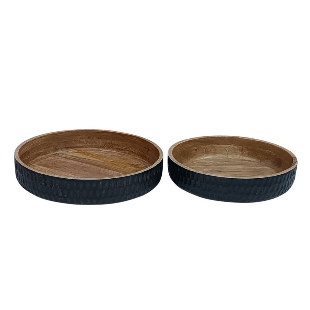 Set of 2 Wooden Carved Bowls with Base Natural & Black -ST - Black & Natural - Black & Natural
