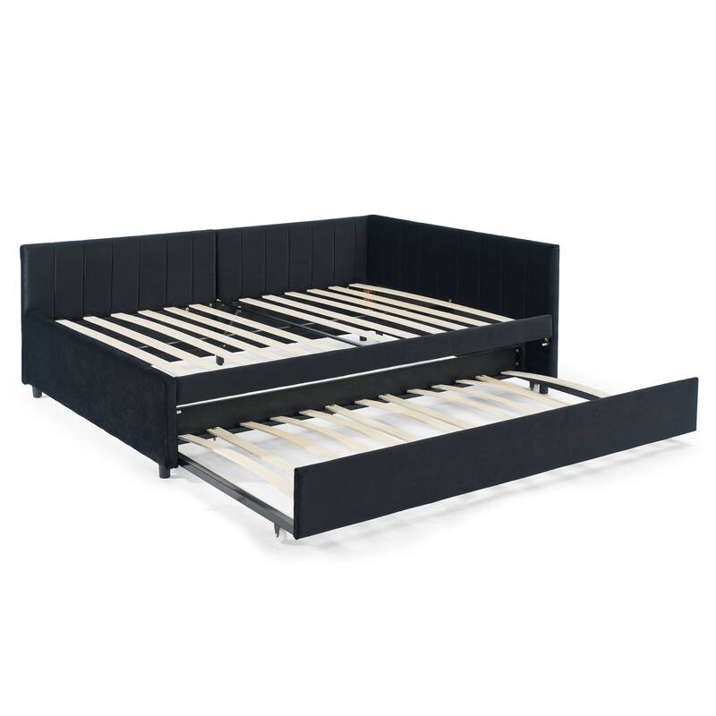 Roomfitters Full Velvet Daybed with Trundle, Upholstered Sofa Bed Frame with Backrest and Armrests, Black