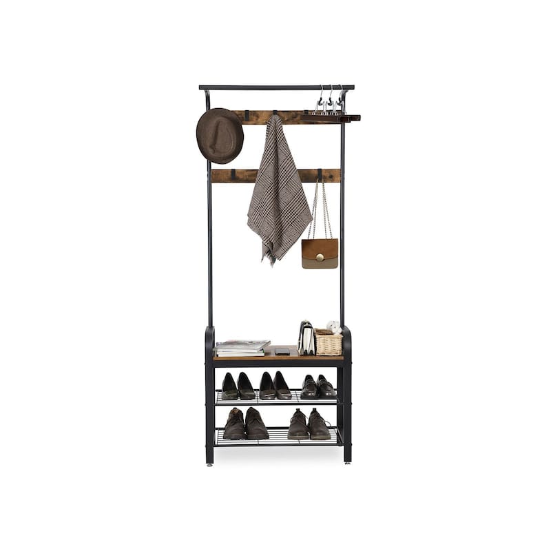 Vintage Coat Rack Shoe Bench, Hall Tree Entryway Storage Shelf, Wood Look Accent Furniture with Metal Frame, 3 in 1 Design