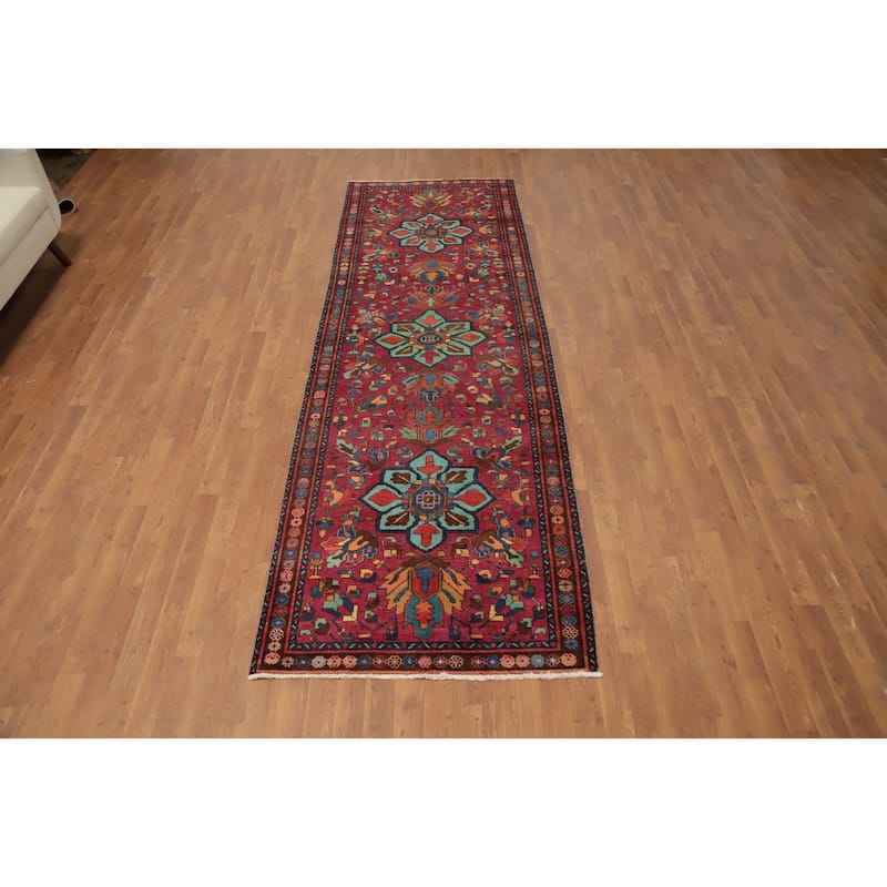 Hand Knotted Oriental 100% Wool Carpet Traditional Geometric Red Tabriz Runner Rug - 10' 9'' X 3' 6''