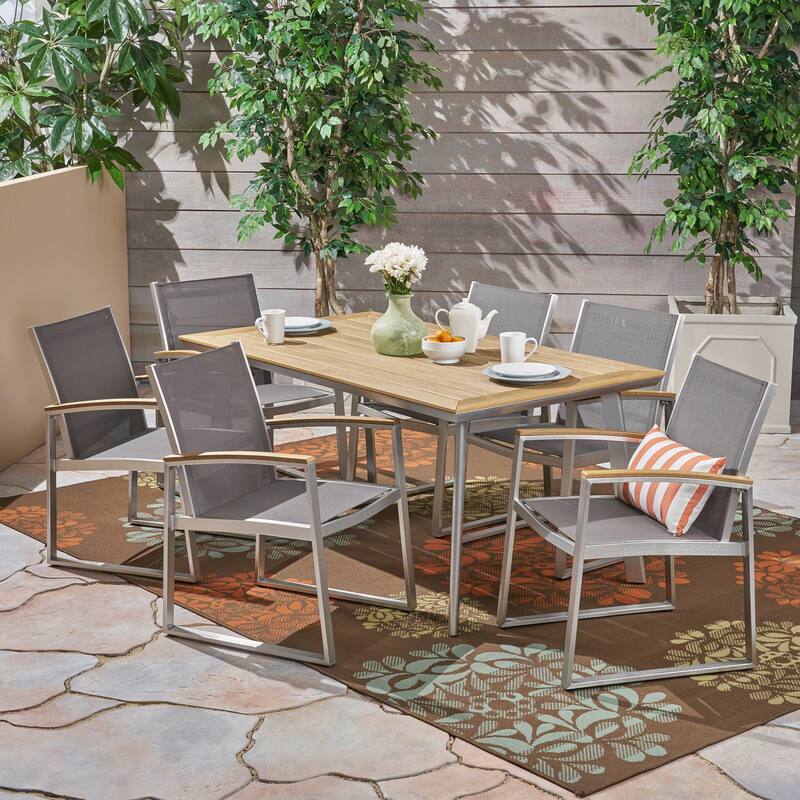 Leeds Aluminum 7-piece Dining Set by Christopher Knight Home - Silver + Grey Mesh