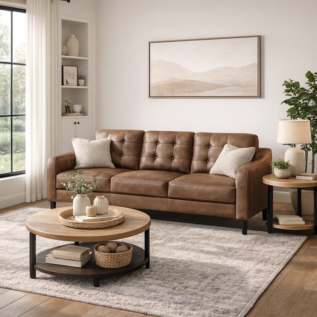 Orry 77 Inch Sofa, Button Tufted Back, Brown Microfiber, Black Solid Wood