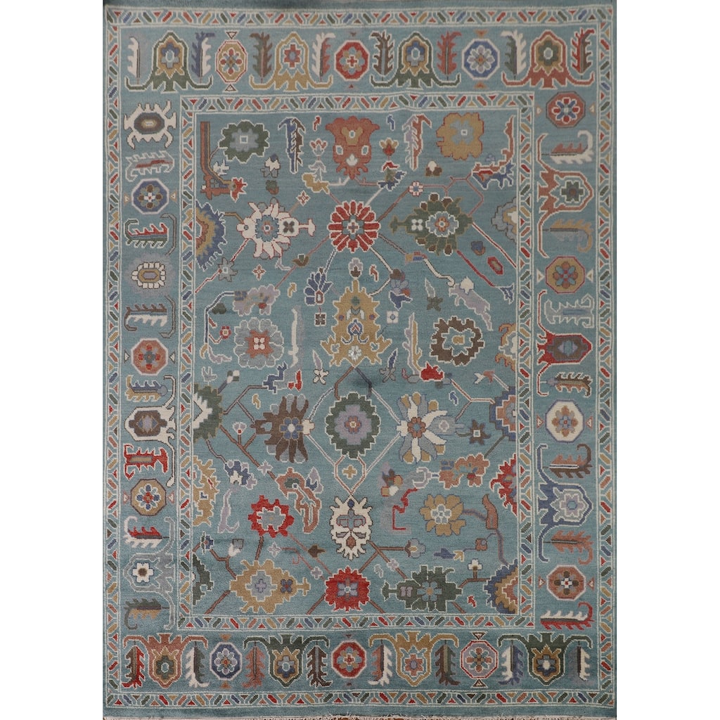 Floral Blue Oushak Oriental Area Rug Hand-Knotted Wool Carpet - 8'1"x 9'11"