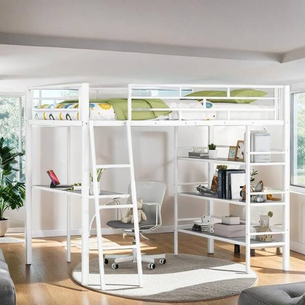 slide 2 of 13, Full Size Loft Metal Bed with 3 Layers of Shelves and Desk, White White