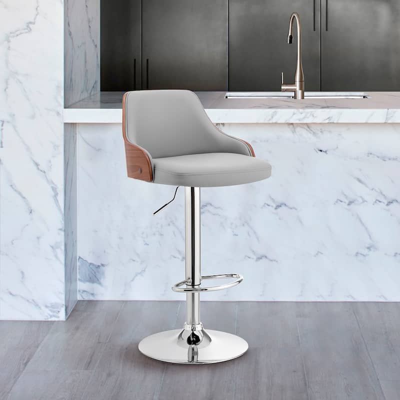 Asher Adjustable Faux Leather and Metal Bar Stool - Gray, Walnut and Chrome