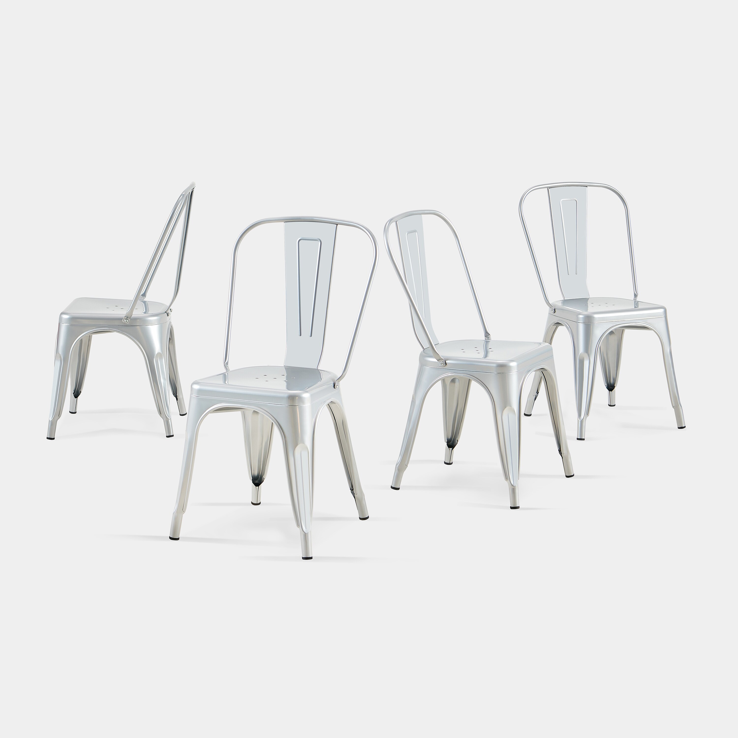 4-Piece Stackable Industrial Dining Chair Set - High Gloss Silver, 18 Inch Seat Height