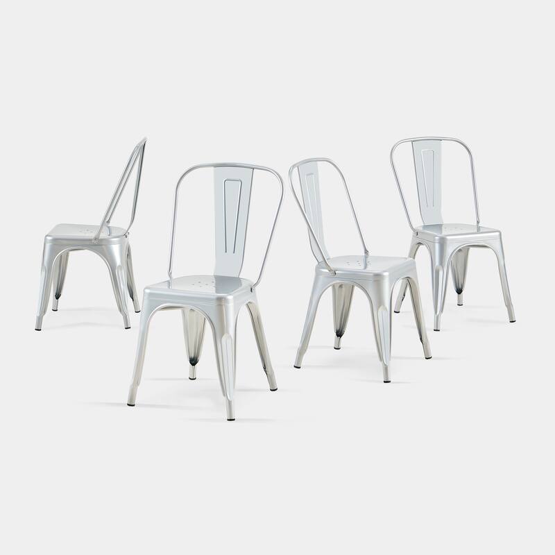 4-Piece Stackable Industrial Dining Chair Set - High Gloss Silver, 18 Inch Seat Height