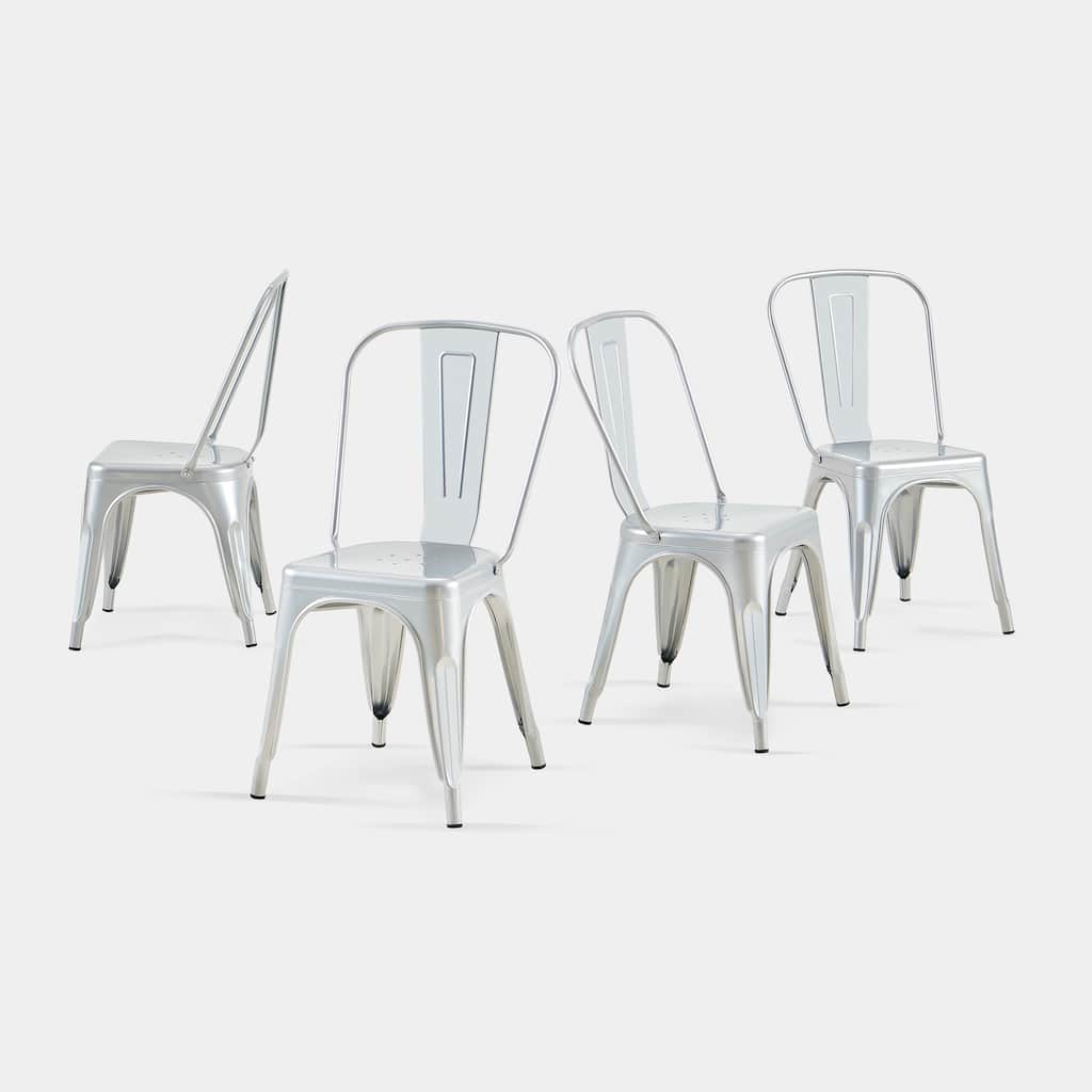 4-Piece Stackable Industrial Dining Chair Set - High Gloss Silver, 18 Inch Seat Height