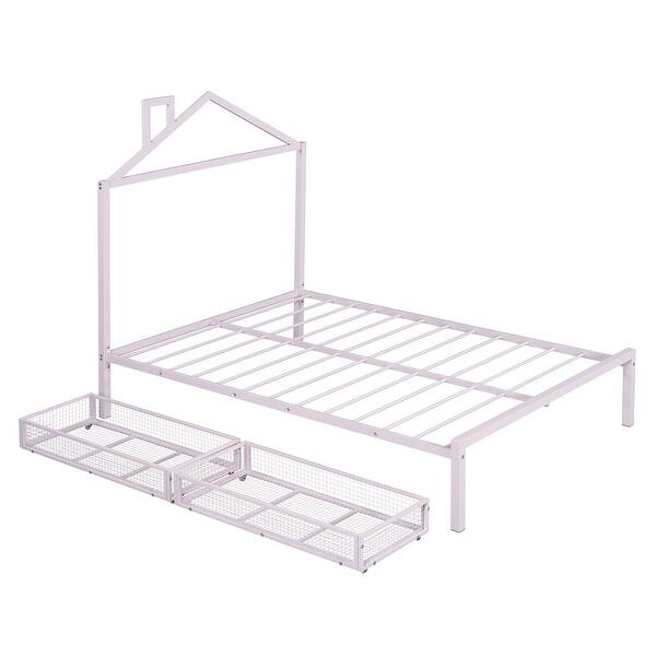 slide 2 of 14, Full Metal Platform Bed with 2 Drawers & House-Shaped Headboard, Pink Pink - Full