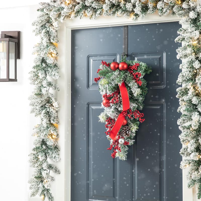 Glitzhome 25"H Artificial Christmas Flocked Berry, Ornament and Pinecone Ribbon Teardrop Door Hanging Decor