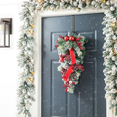 Glitzhome 25"H Artificial Christmas Flocked Berry, Ornament and Pinecone Ribbon Teardrop Door Hanging Decor