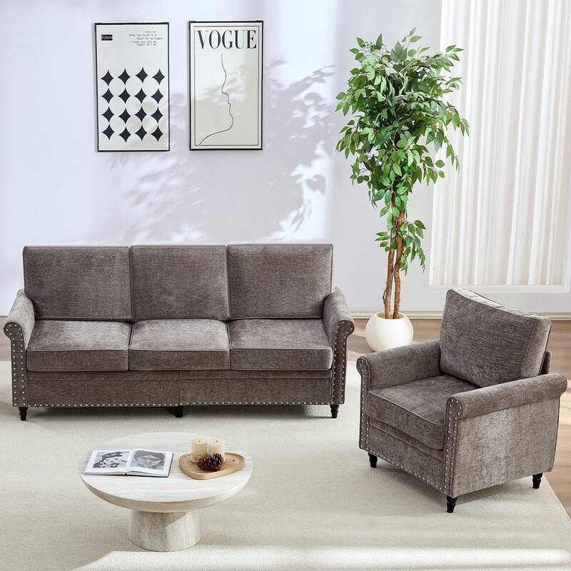 Mixoy Chenille Fabric 3-Seater Sofa Couch with Single Sofa Chair with Rivet Design,Solid Wood Gourd Legs for Living Room - 3+1