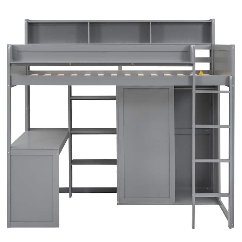 Space-Saving Twin Size Loft Bed with Wardrobe, Cabinets, Shelves, and Desk - Strong Pine Wood Frame