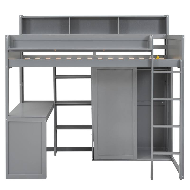 Twin Size Loft Bed w/ Multiple Storage Shelves and Wardrobe, Wooden High Bedframe with Bookshelves, 17.7''x 48.5'' Built-in Desk