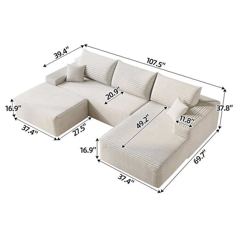 U-Shape Modular Sectional Sofa with Chaise & Ottoman, Corduroy Boneless Cloud Sofa, Corner Upholstered Sleeper Sofa