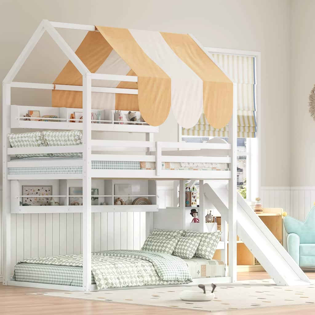 Full Size Bunk Bed with Canopy, Slide, Bookshelves & Safety Guardrails