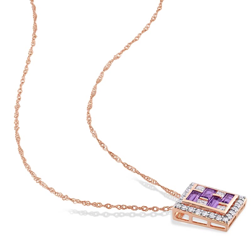Miadora 10k Rose Gold Amethyst-Africa and White Topaz Mosaic Square Halo Necklace - 12.1 mm x 17 inch x 10 mm