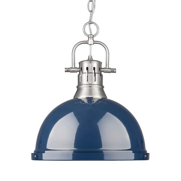 slide 1 of 1, Yep by Golden Lighting Duncan 1-light 14in Chain Hung Pendant in Pewter and Navy Blue shade