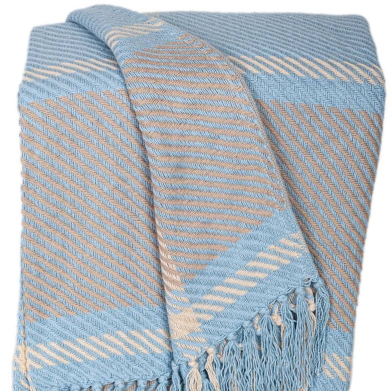 HomeRoots 50" X 60" Blue Gray and Beige Woven Cotton Plaid Throw Blanket with Fringe