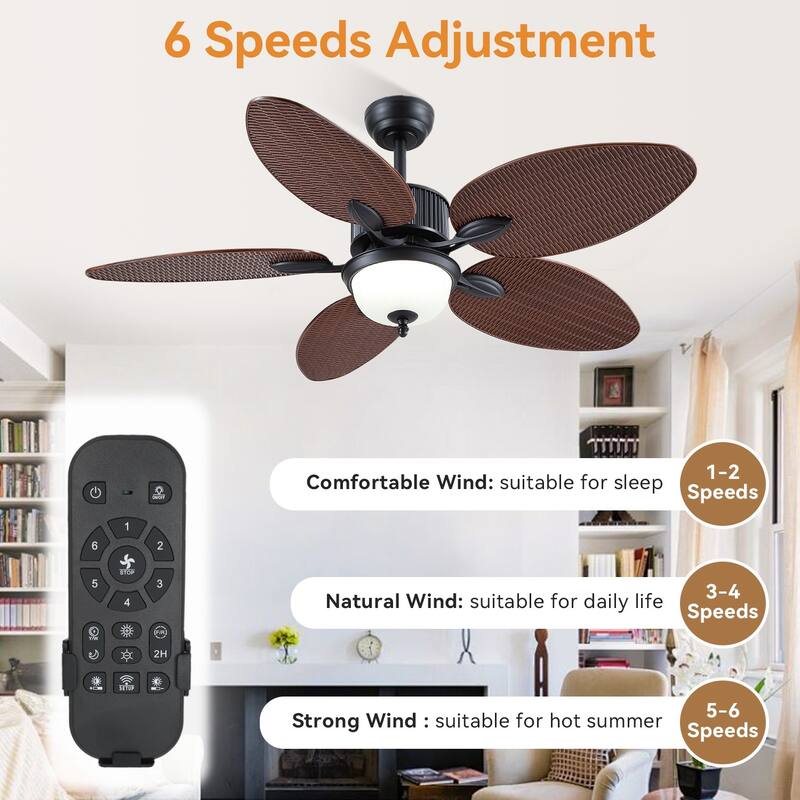 50 Inch Tropical Ceiling Fan with Palm Leaf Blades Glass Cover Remote Control Waterproof for Indoor and Outdoor Patio