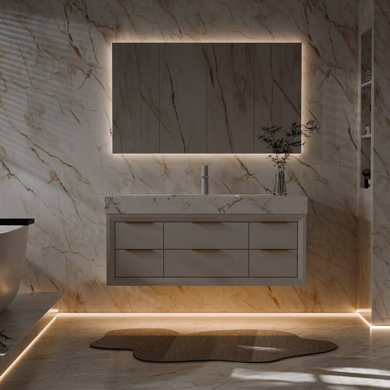 Modland 48" Modern Floating Bathroom Vanity with Single Sink, Soft-Close Drawers, White Stone Countertop