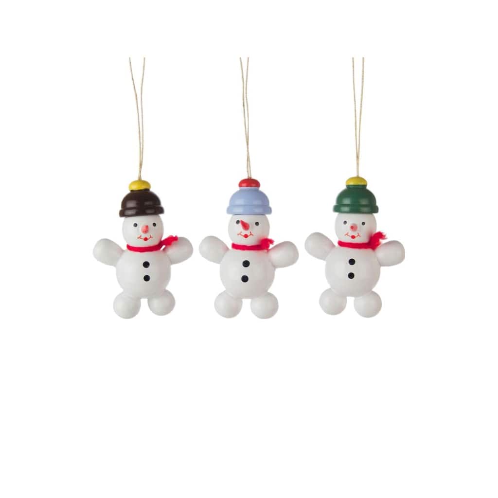 3 White, Red, Green Hcrafted Assorted Snowmen Dregeno Ornaments, 2"