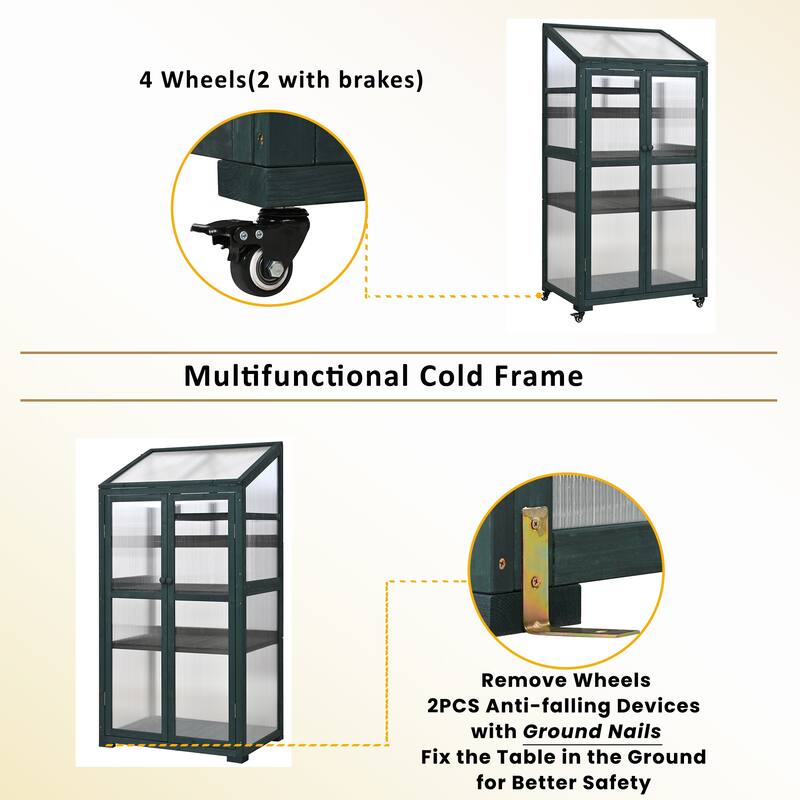 Roomfitters 62" Wood Greenhouse Cold Frame with Wheels and Adjustable Shelves for Indoor Outdoor Use, Green