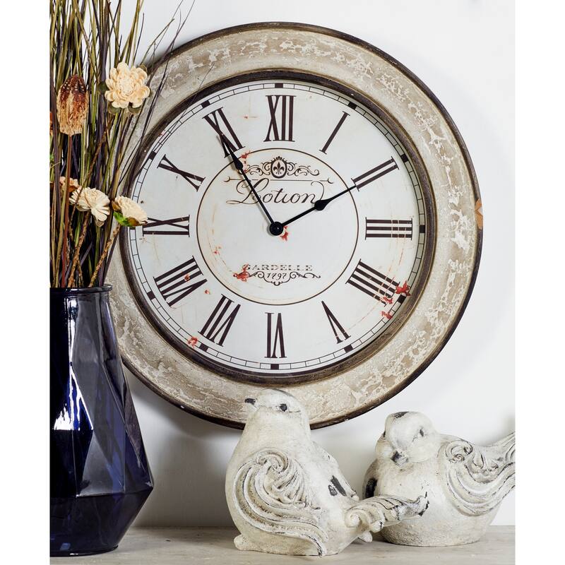 Wooden Distressed Wall Clock - Cream - Roche River Decor - 2"W x 24"L x 24"H