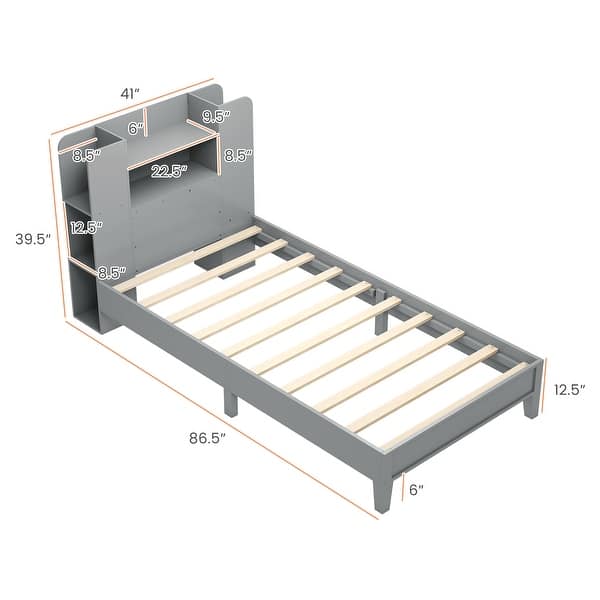 dimension image slide 1 of 2, Twin Size Wooden Platform Bed Frame with Storage Headboard and 2-Tier Shelf