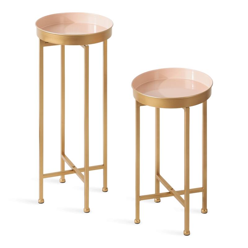 Kate and Laurel Celia Round Metal Foldable Tray Table Set - 2 Piece - Pink/Gold