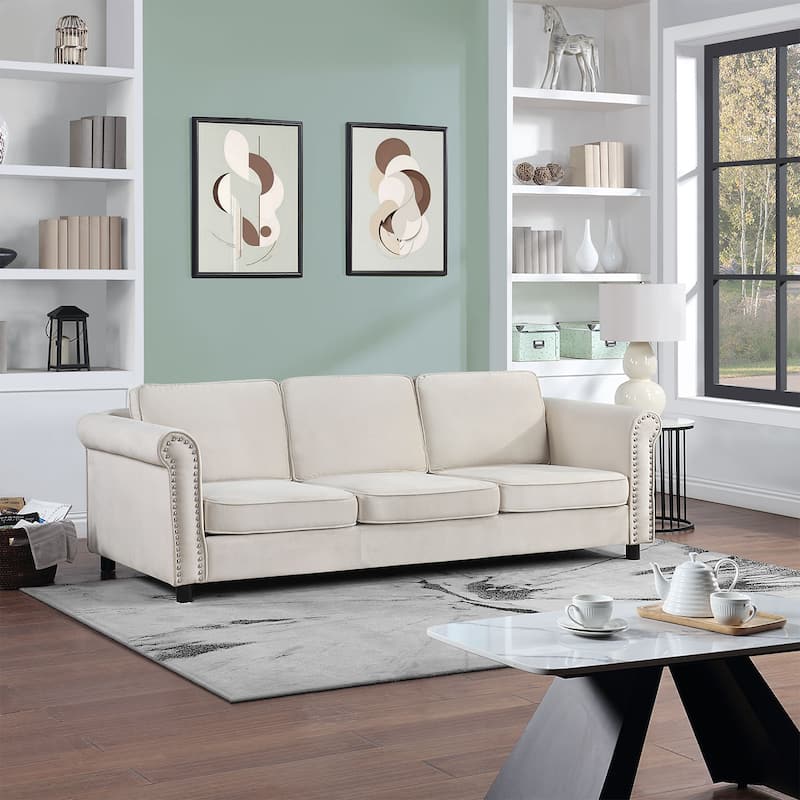 Mid-Century Modern Velvet Sofa in Beige - 36.61 x 89.37 x 26.18