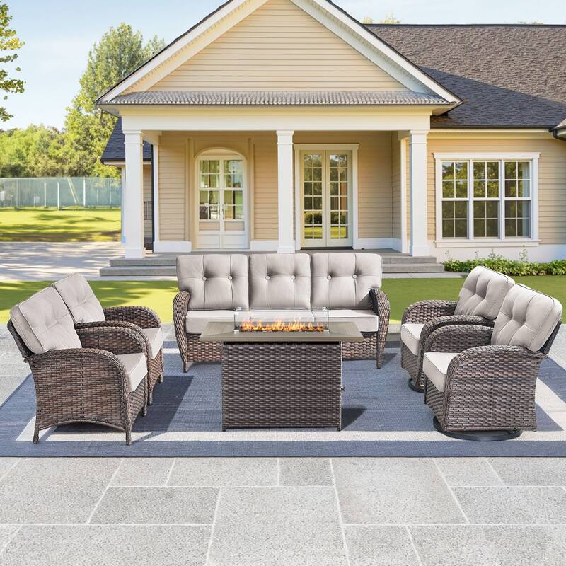 6-Piece Outdoor Sofa Chair with 41" Fire Table - Brown Wicker & Beige Cushion