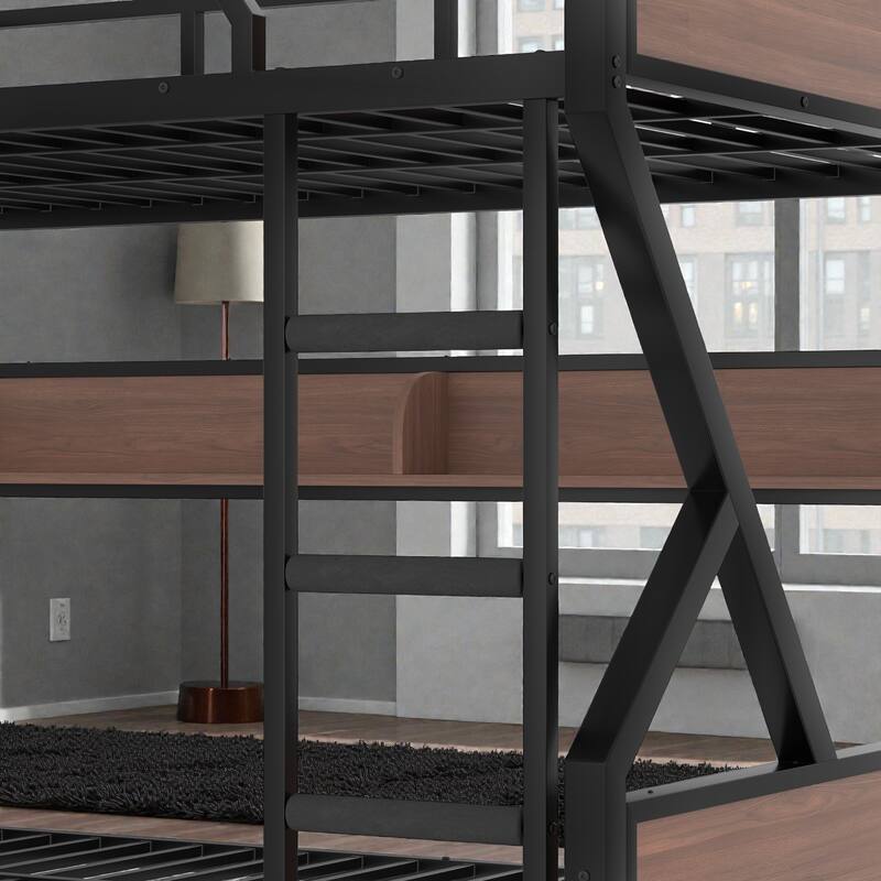 Metal Bunk Bed with Storage Shelves and LED Lights, Space Saving Noise Free Bunk Bed Frame with Guardrails