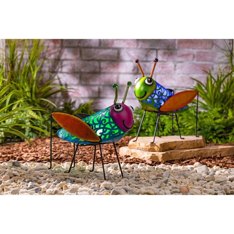 13.78 in. Solar Powered Green Metal Grasshopper