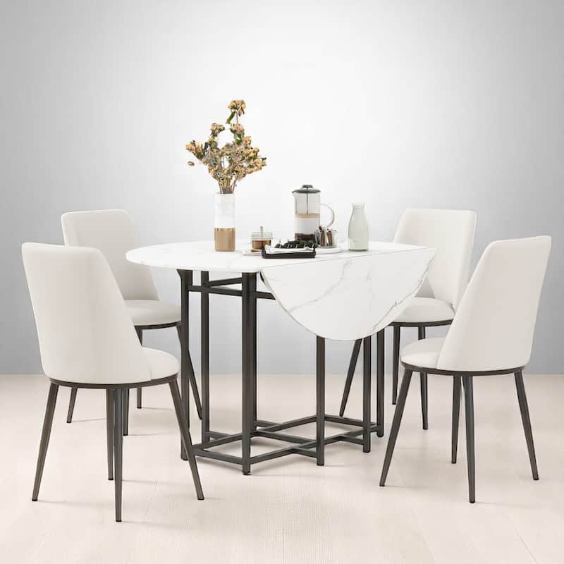 Modern Drop-Leaf 5-Piece Dining Set with Faux Marble Tabletop and Gold Metal Frame for Small Spaces - Beige