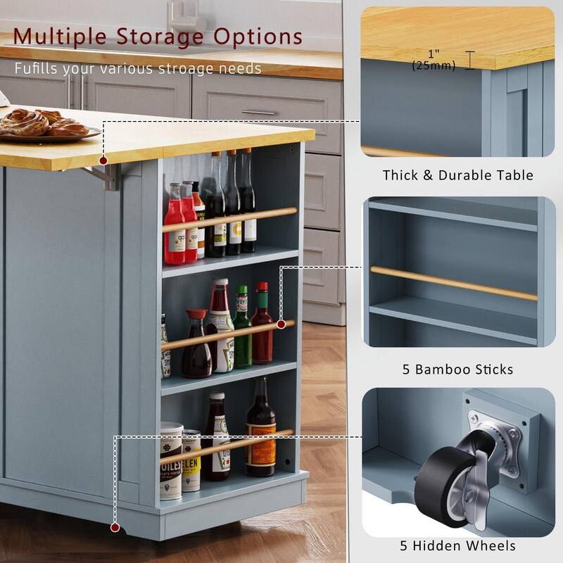 53" Rolling Kitchen Island with Drop Leaf, Power Outlet & Internal Door Storage, 5 Open Side Racks
