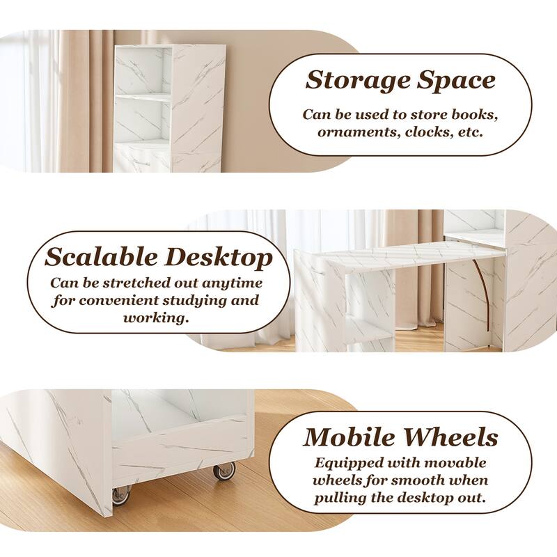 Stretchable desk, office desk with storage shelves and mobile wheels, suitable for small apartments and offices