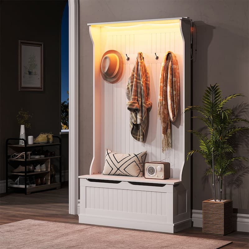 MDF Hall Tree Storage Bench with LED Light and Hooks - 37.75" W x 13.5" D x 70.75" H