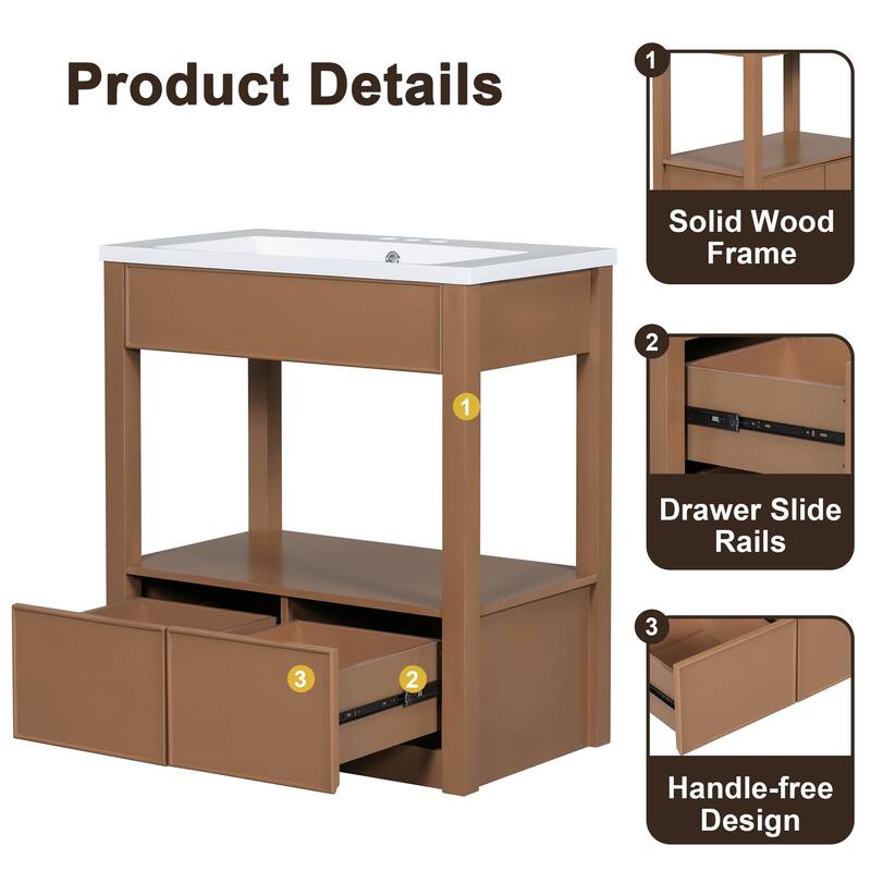 Modern 30-Inch Bathroom Vanity with Ceramic Sink, Open Storage Shelf, and Two Drawers, Brown